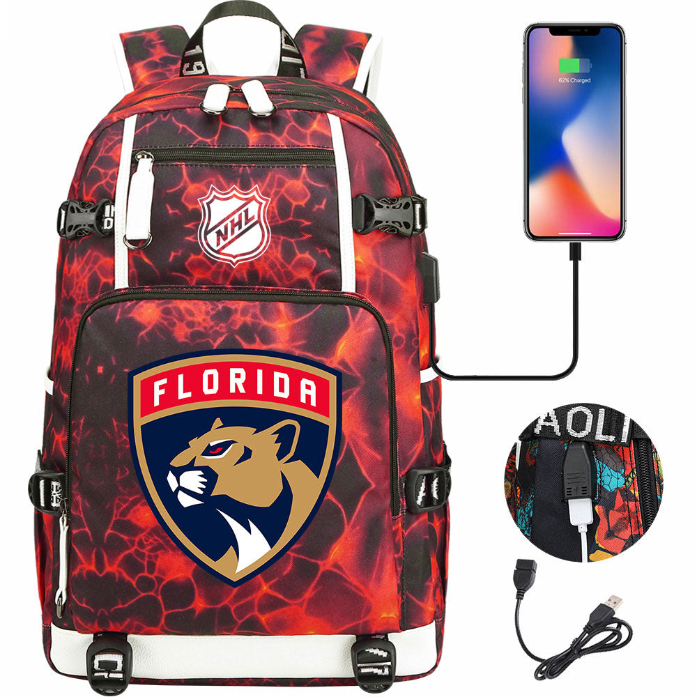 Florida Panthers Hockey League USB Charging Backpack School Notebook Travel Bags