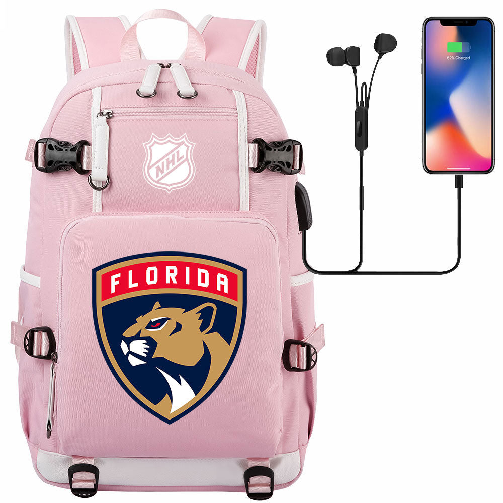 Florida Panthers Hockey League USB Charging Backpack School Notebook Travel Bags