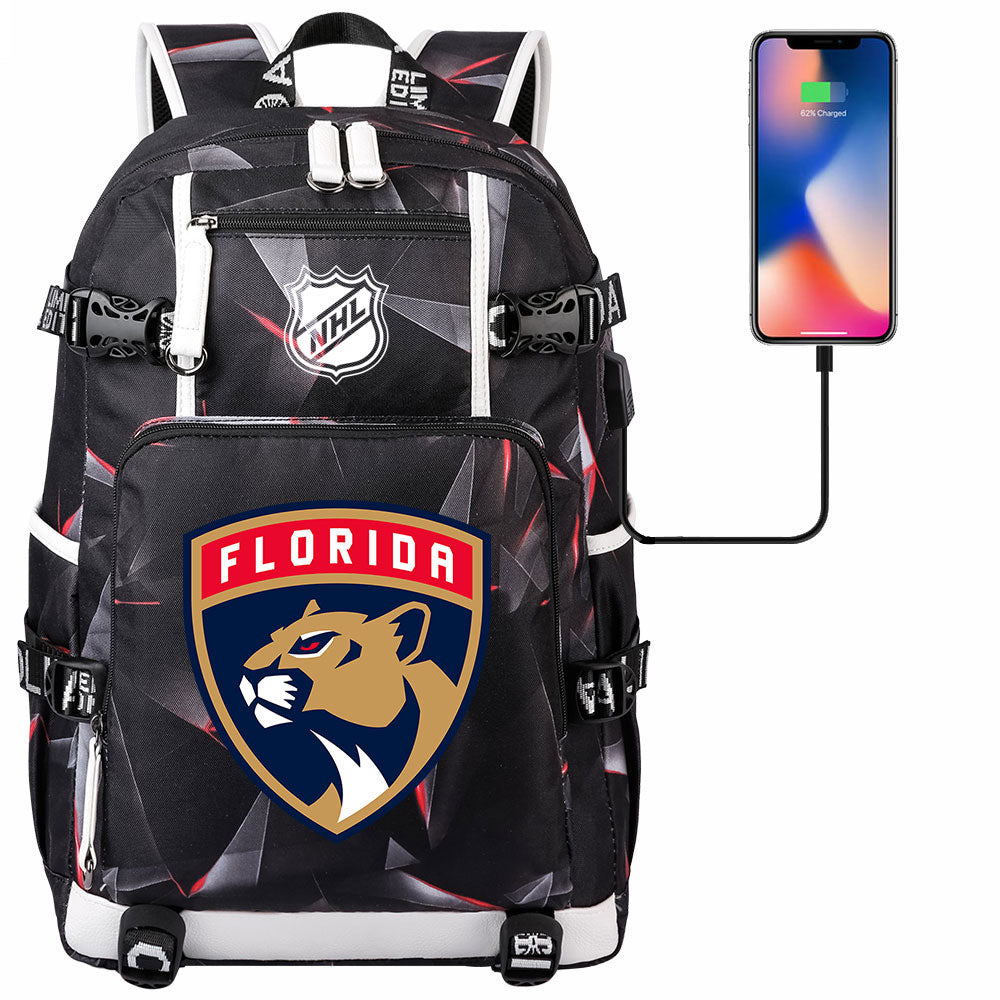 Florida Panthers Hockey League USB Charging Backpack School Notebook Travel Bags