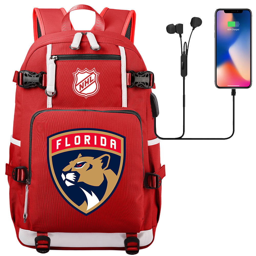 Florida Panthers Hockey League USB Charging Backpack School Notebook Travel Bags