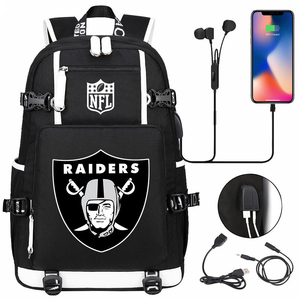 Oakland Raiders Football Team USB Charging Backpack School Notebook Travel Bags