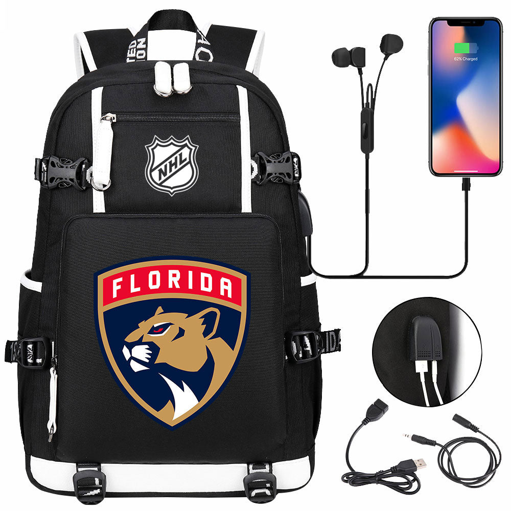 Florida Panthers Hockey League USB Charging Backpack School Notebook Travel Bags