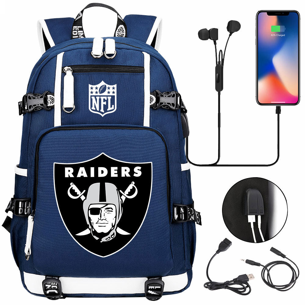 Oakland Raiders Football Team USB Charging Backpack School Notebook Travel Bags