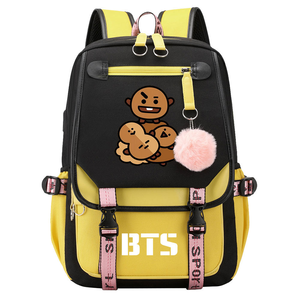 BTS Shooky Waterproof Backpack School Notebook Travel Bag USB Charging