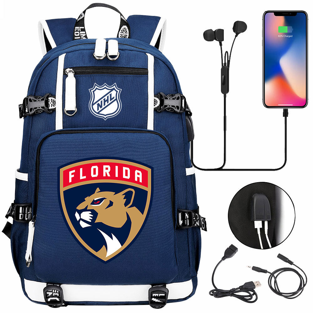 Florida Panthers Hockey League USB Charging Backpack School Notebook Travel Bags