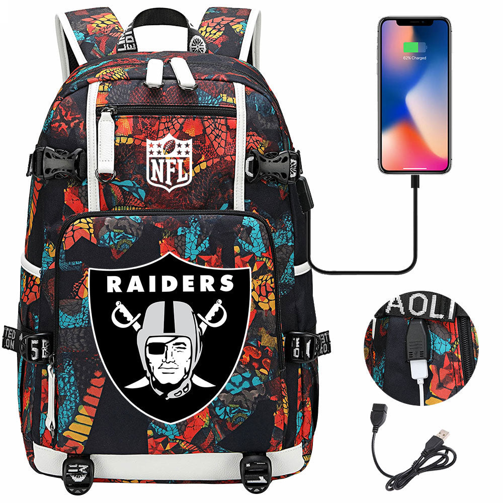 Oakland Raiders Football Team USB Charging Backpack School Notebook Travel Bags