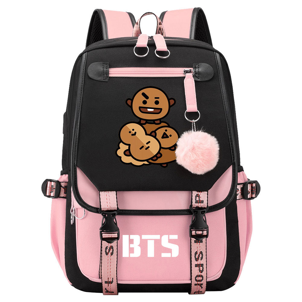 BTS Shooky Waterproof Backpack School Notebook Travel Bag USB Charging