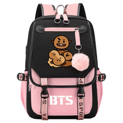 BTS Shooky Waterproof Backpack School Notebook Travel Bag USB Charging