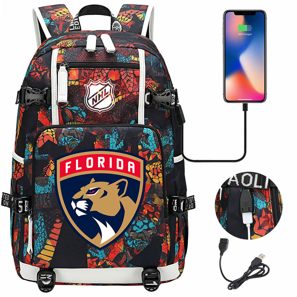 Florida Panthers Hockey League USB Charging Backpack School Notebook Travel Bags