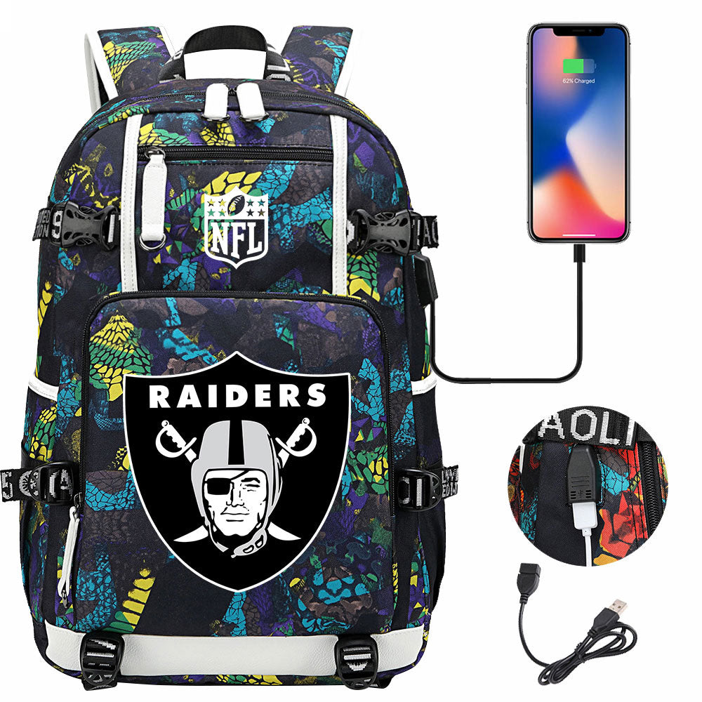 Oakland Raiders Football Team USB Charging Backpack School Notebook Travel Bags