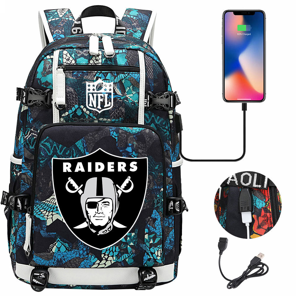 Oakland Raiders Football Team USB Charging Backpack School Notebook Travel Bags