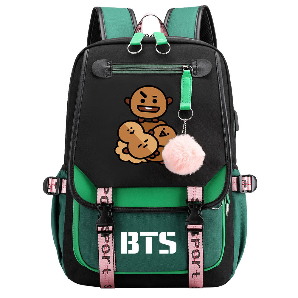 BTS Shooky Waterproof Backpack School Notebook Travel Bag USB Charging