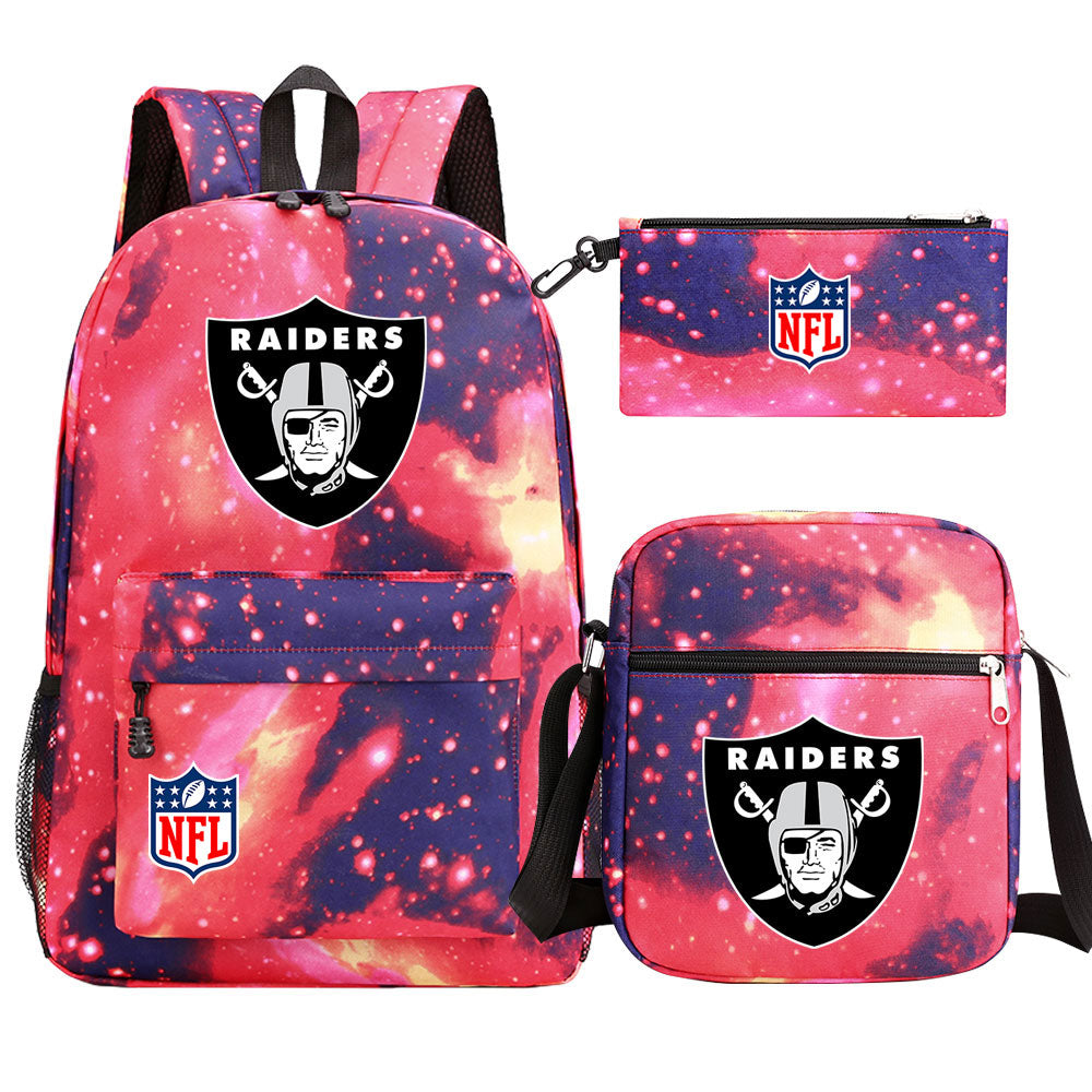 Oakland Raiders Football Team Printed Schoolbag Backpack Shoulder Bag Pencil Bag 3pcs set for Kids Students