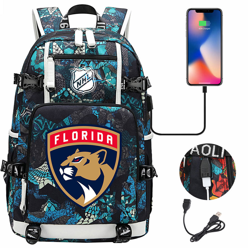 Florida Panthers Hockey League USB Charging Backpack School Notebook Travel Bags