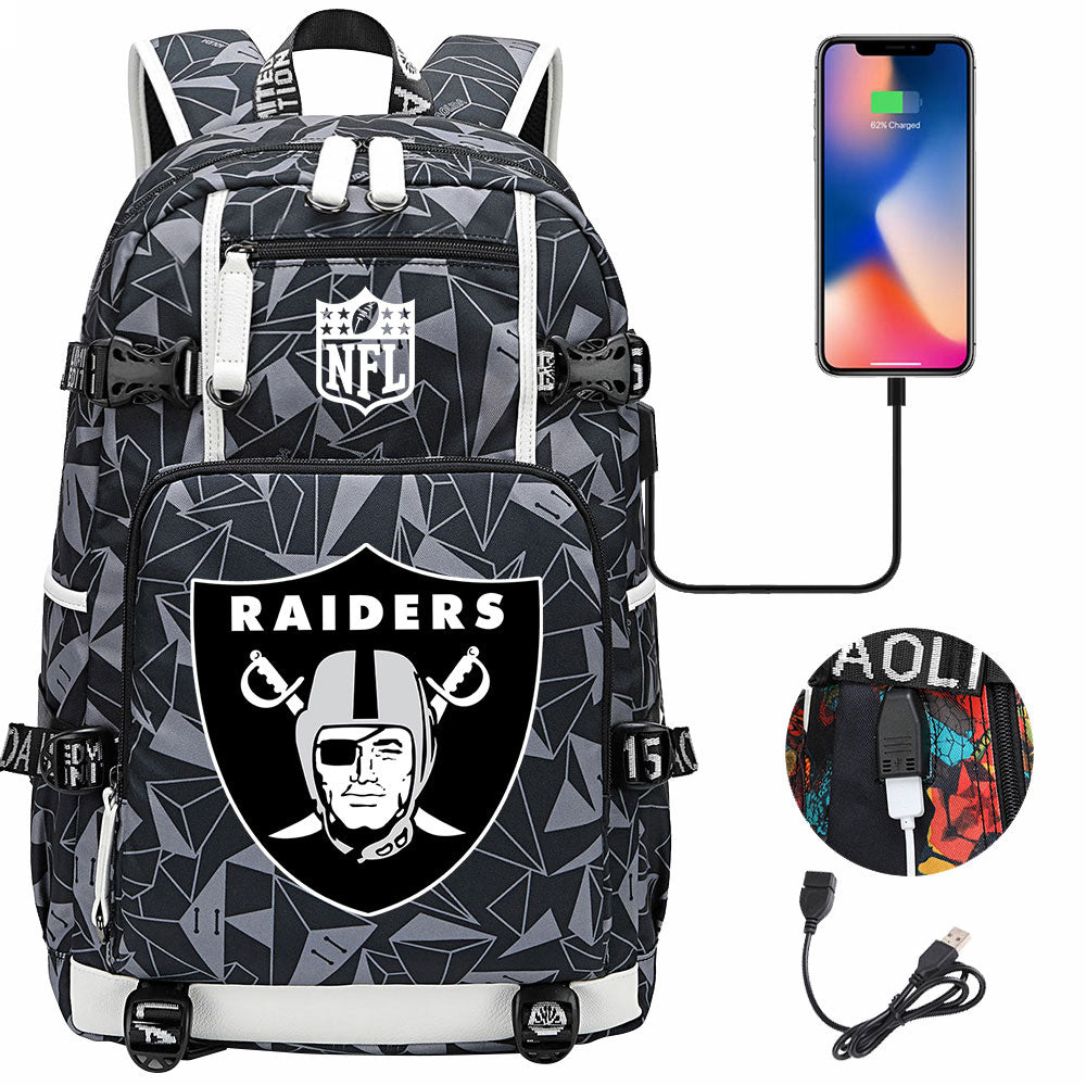 Oakland Raiders Football Team USB Charging Backpack School Notebook Travel Bags