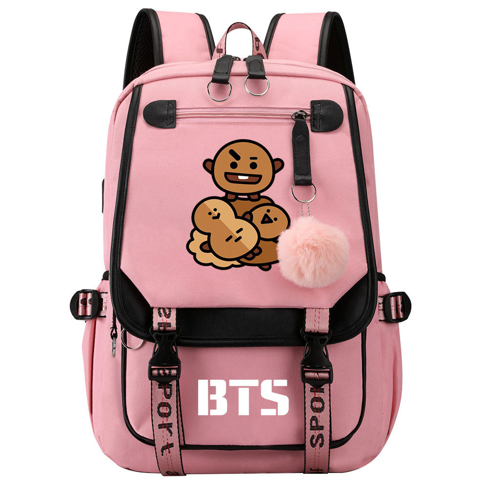 BTS Shooky Waterproof Backpack School Notebook Travel Bag USB Charging
