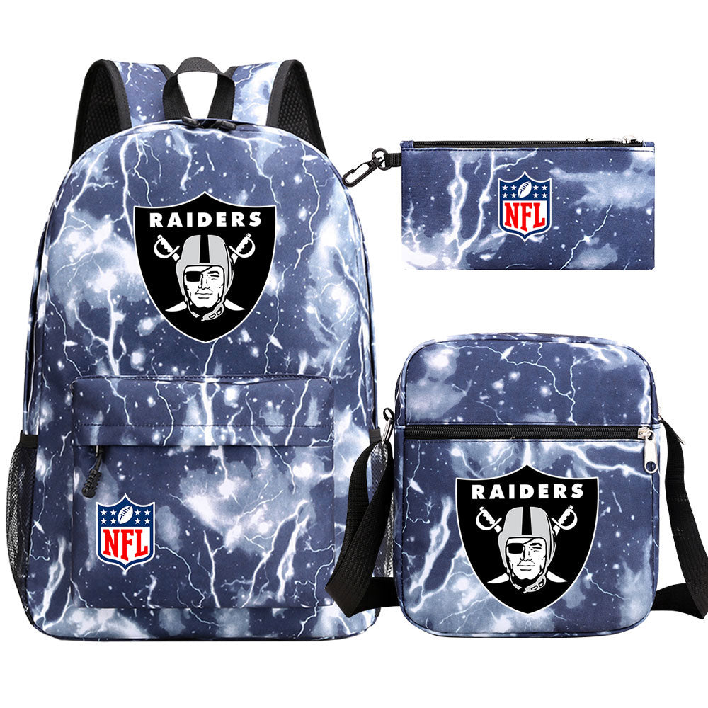 Oakland Raiders Football Team Printed Schoolbag Backpack Shoulder Bag Pencil Bag 3pcs set for Kids Students