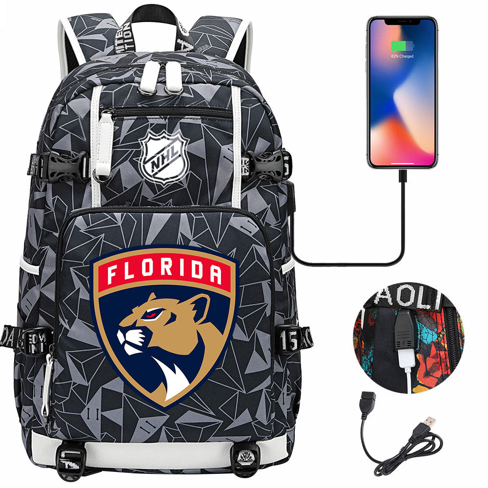 Florida Panthers Hockey League USB Charging Backpack School Notebook Travel Bags