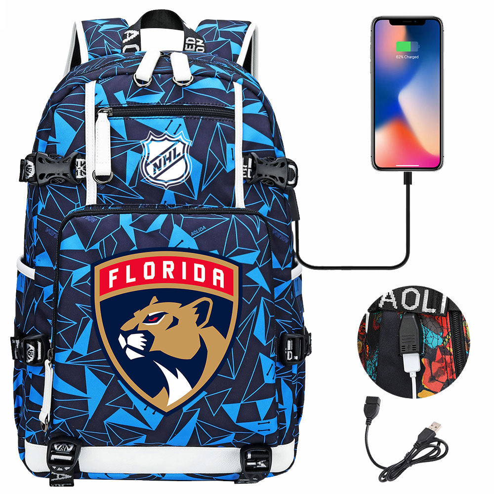 Florida Panthers Hockey League USB Charging Backpack School Notebook Travel Bags