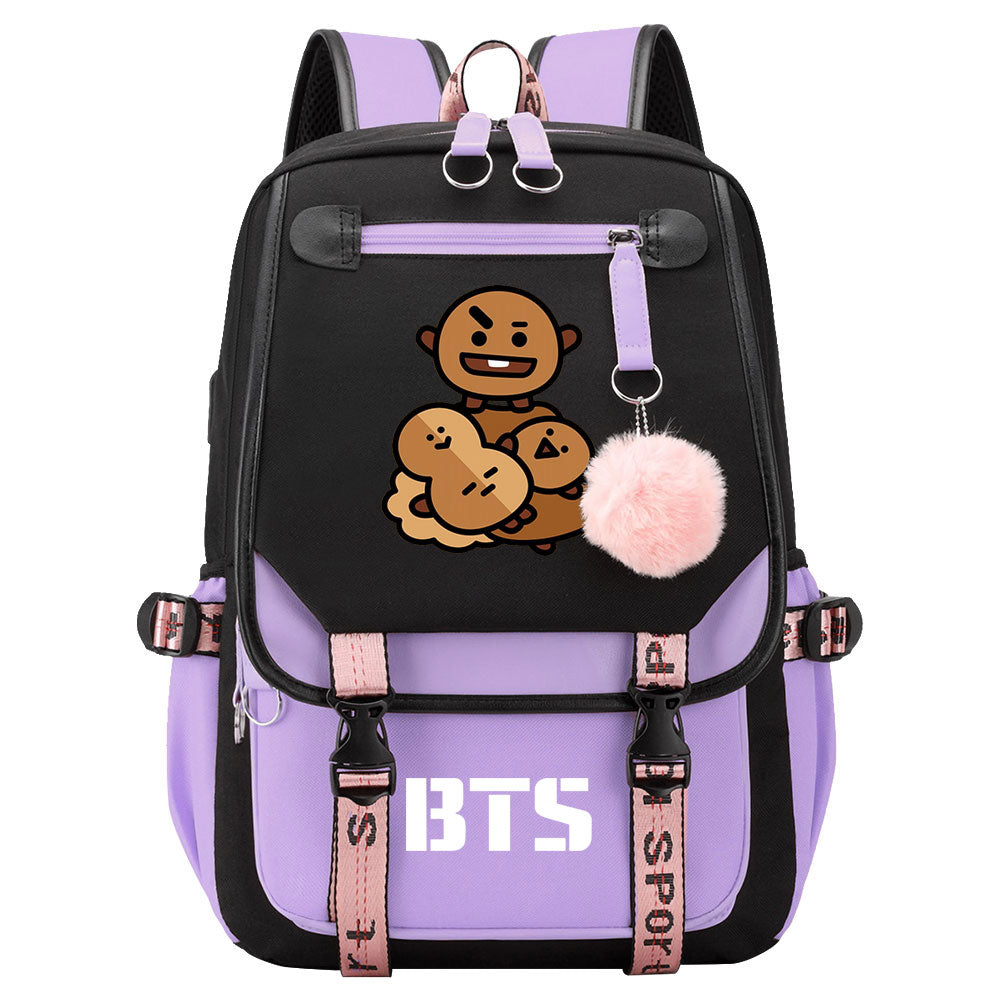 BTS Shooky Waterproof Backpack School Notebook Travel Bag USB Charging
