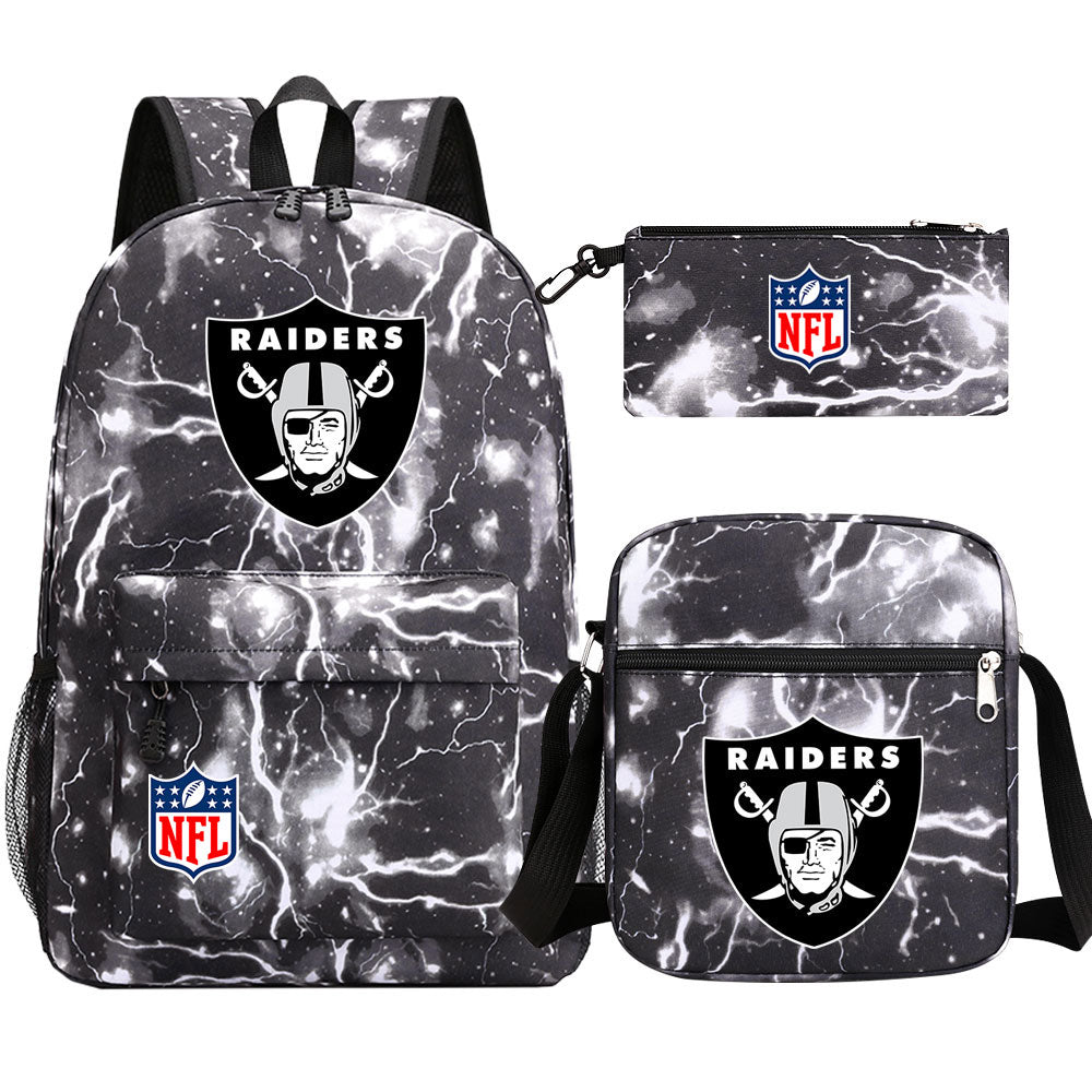 Oakland Raiders Football Team Printed Schoolbag Backpack Shoulder Bag Pencil Bag 3pcs set for Kids Students