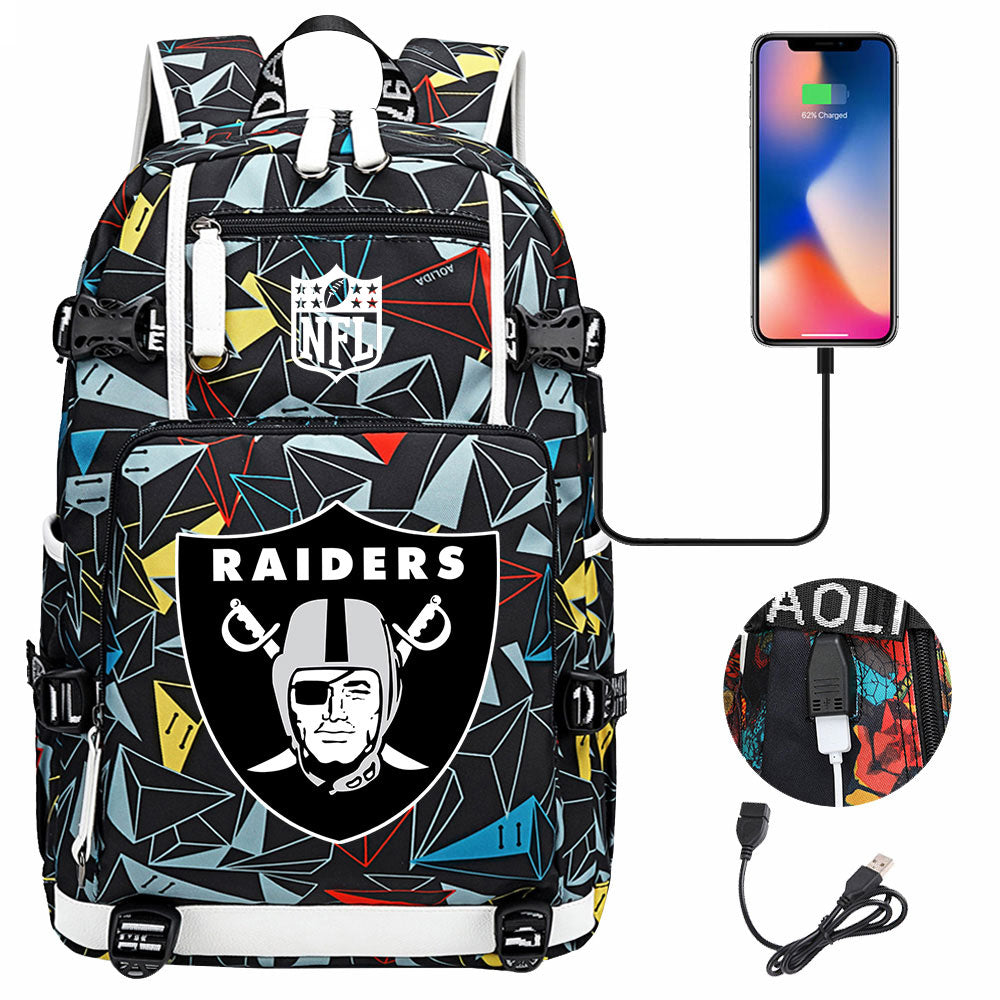 Oakland Raiders Football Team USB Charging Backpack School Notebook Travel Bags