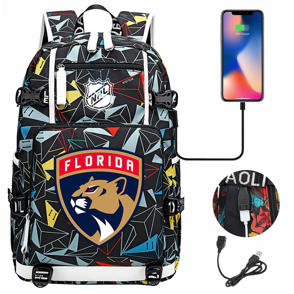 Florida Panthers Hockey League USB Charging Backpack School Notebook Travel Bags