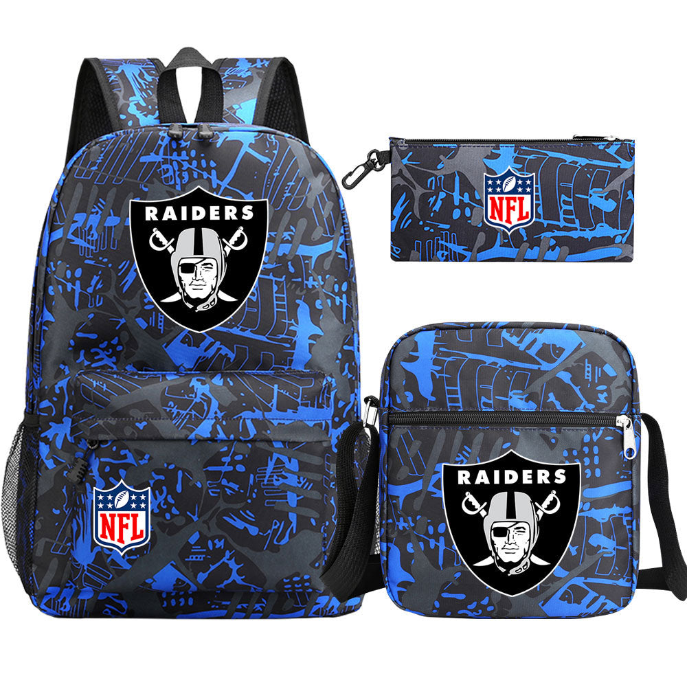 Oakland Raiders Football Team Printed Schoolbag Backpack Shoulder Bag Pencil Bag 3pcs set for Kids Students