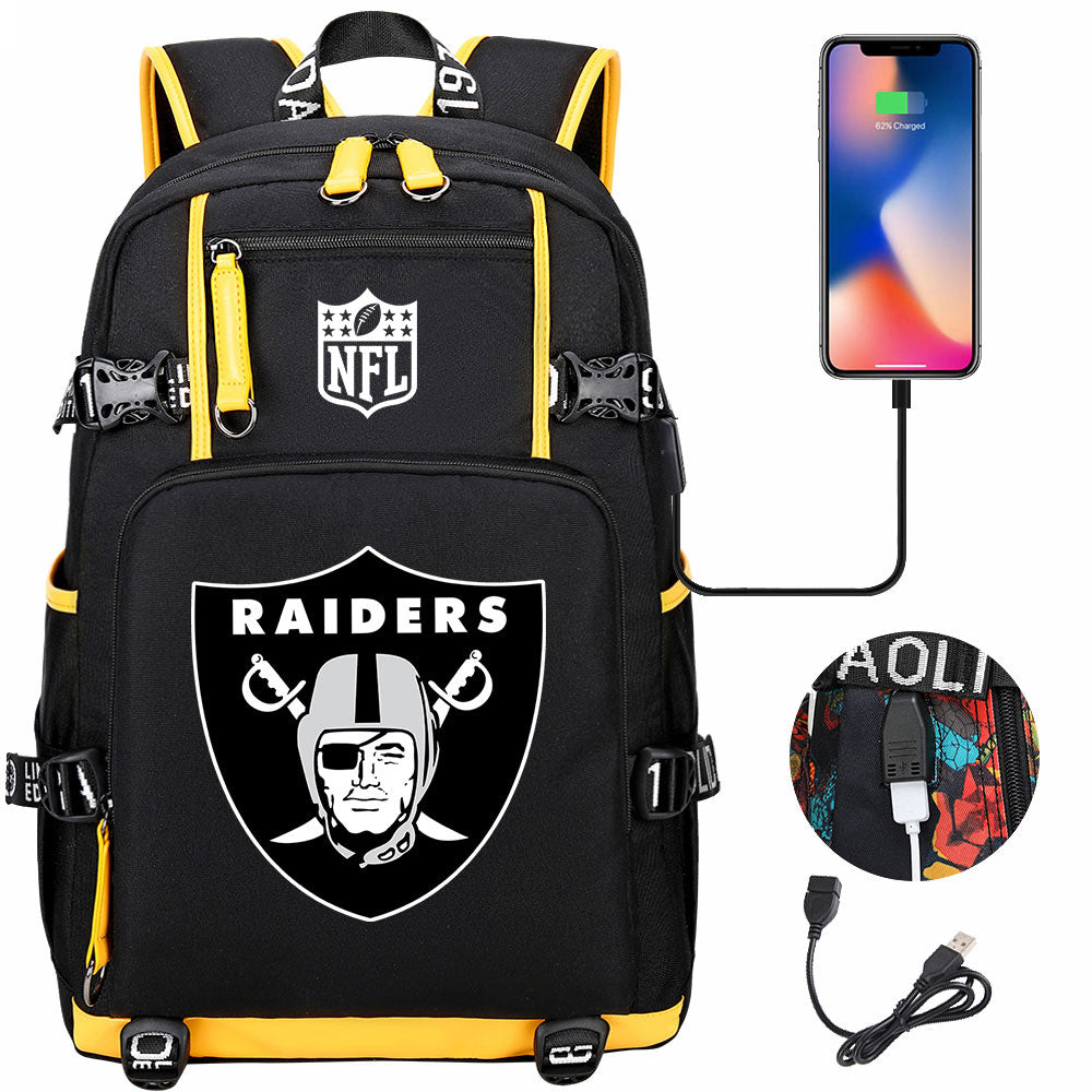 Oakland Raiders Football Team USB Charging Backpack School Notebook Travel Bags