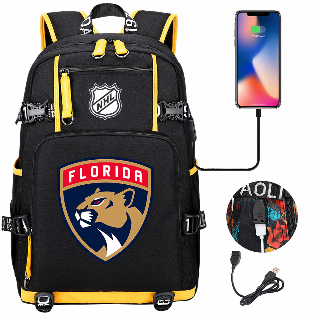 Florida Panthers Hockey League USB Charging Backpack School Notebook Travel Bags