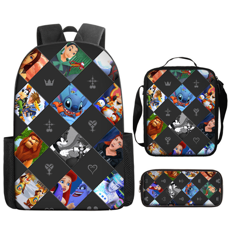 Kingdom Hearts Full Printed Backpack Schoolbag Travel Notebook Bag Lunch Bag Pencil Bag for Kids Students 3PCS