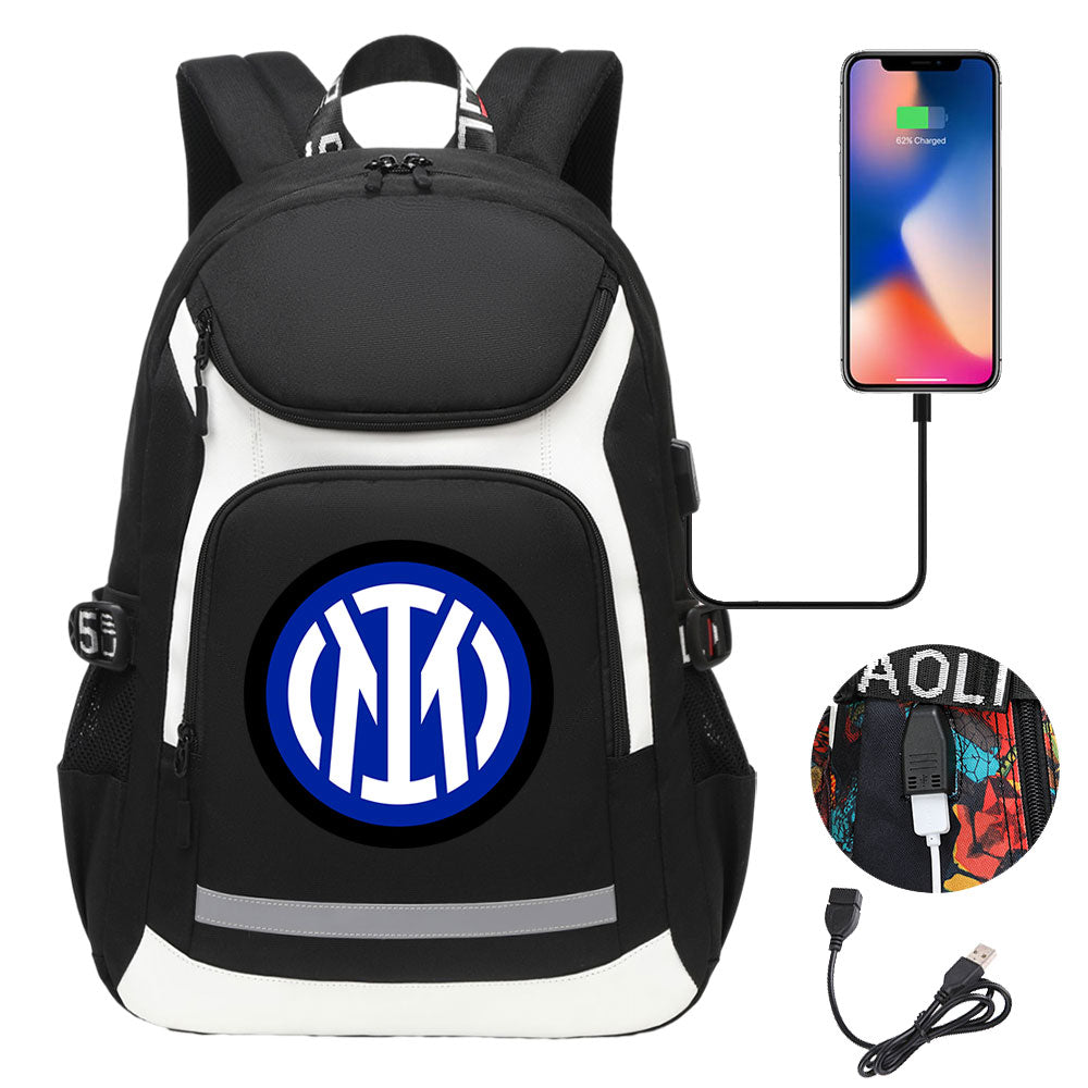 Internazionale Milano Football Club USB Charging Backpack School Notebook Travel Bags
