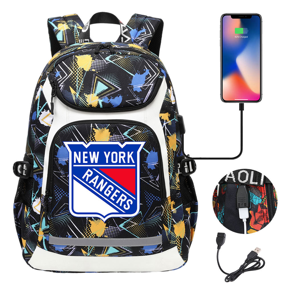 New York Rangers Hockey League USB Charging Backpack School Notebook Travel Bags