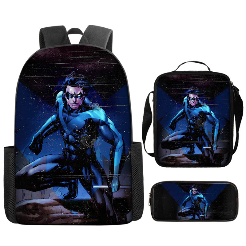 Nightwing Superhero Full Printed Backpack Schoolbag Travel Notebook Bag Lunch Bag Pencil Bag for Kids Students 3PCS