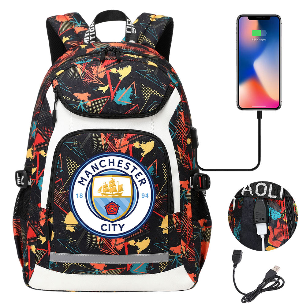 Manchester City Football Club USB Charging Backpack School Notebook Travel Bags
