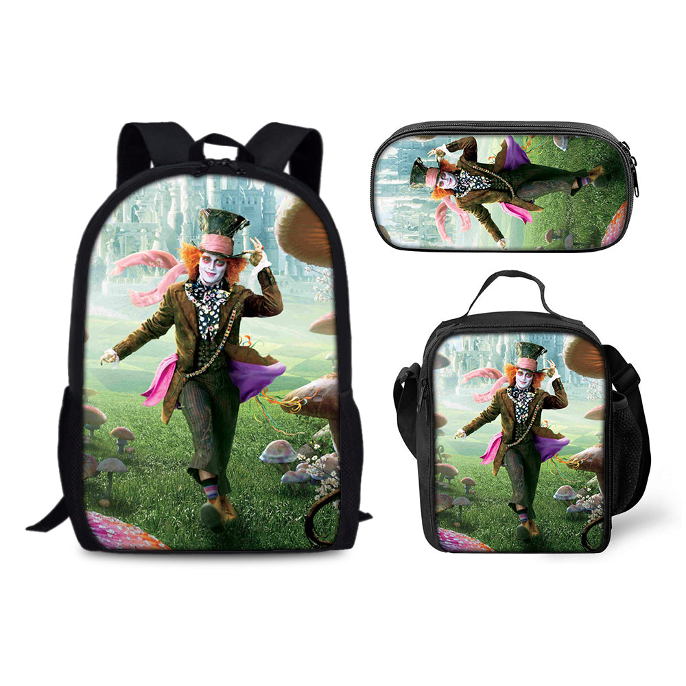 Alice Adventures in Wonderland Backpack Schoolbag Lunch Bag Pencil Bag for Kids Students 3PCS