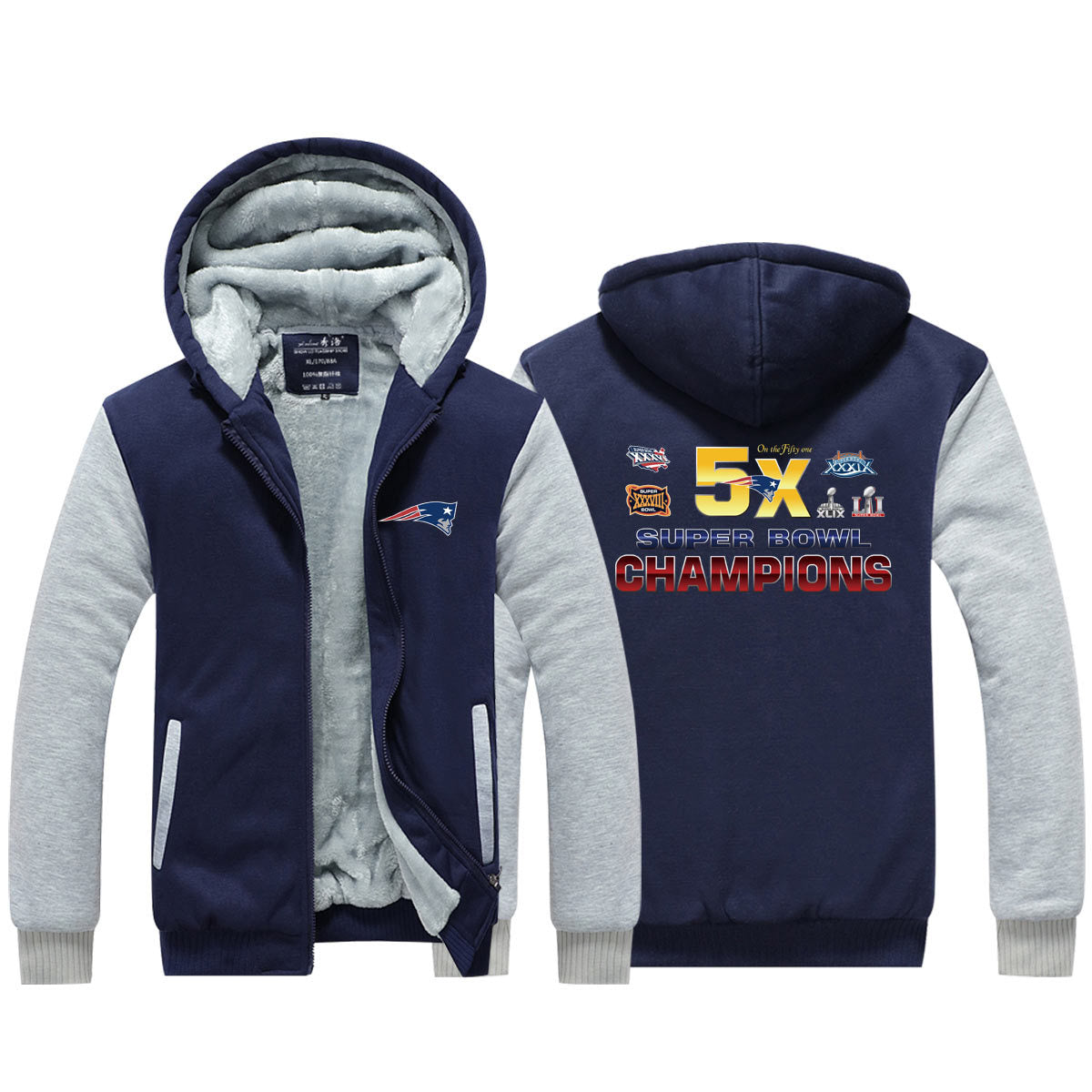 New England  Football Patriots Unisex Lined Hoodie Fleece Sweatshirt Full Zipper Hooded Thicken Jacket