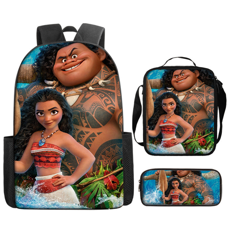 Moana Full Printed Backpack Schoolbag Travel Notebook Bag Lunch Bag Pencil Bag for Kids Students 3PCS