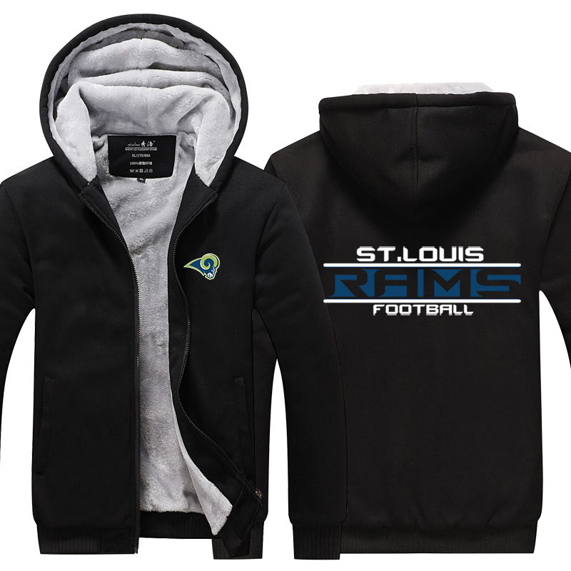 St Louis Football Team Rams  Unisex Lined Hoodie Fleece Sweatshirt Full Zipper Hooded Thicken Jacket