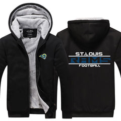 St Louis Football Team Rams  Unisex Lined Hoodie Fleece Sweatshirt Full Zipper Hooded Thicken Jacket