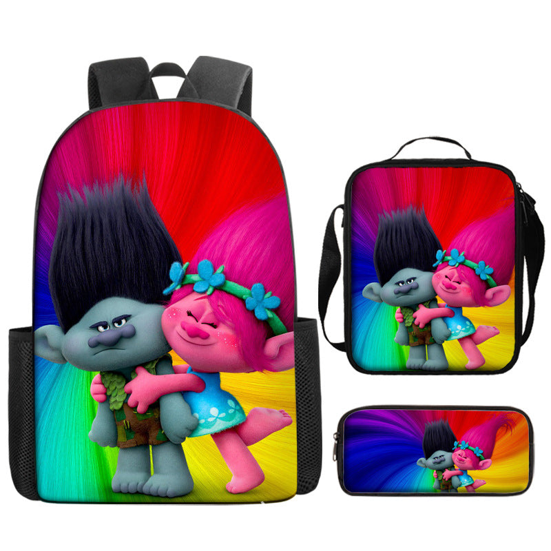 Trolls Full Printed Backpack Schoolbag Travel Notebook Bag Lunch Bag Pencil Bag for Kids Students 3PCS