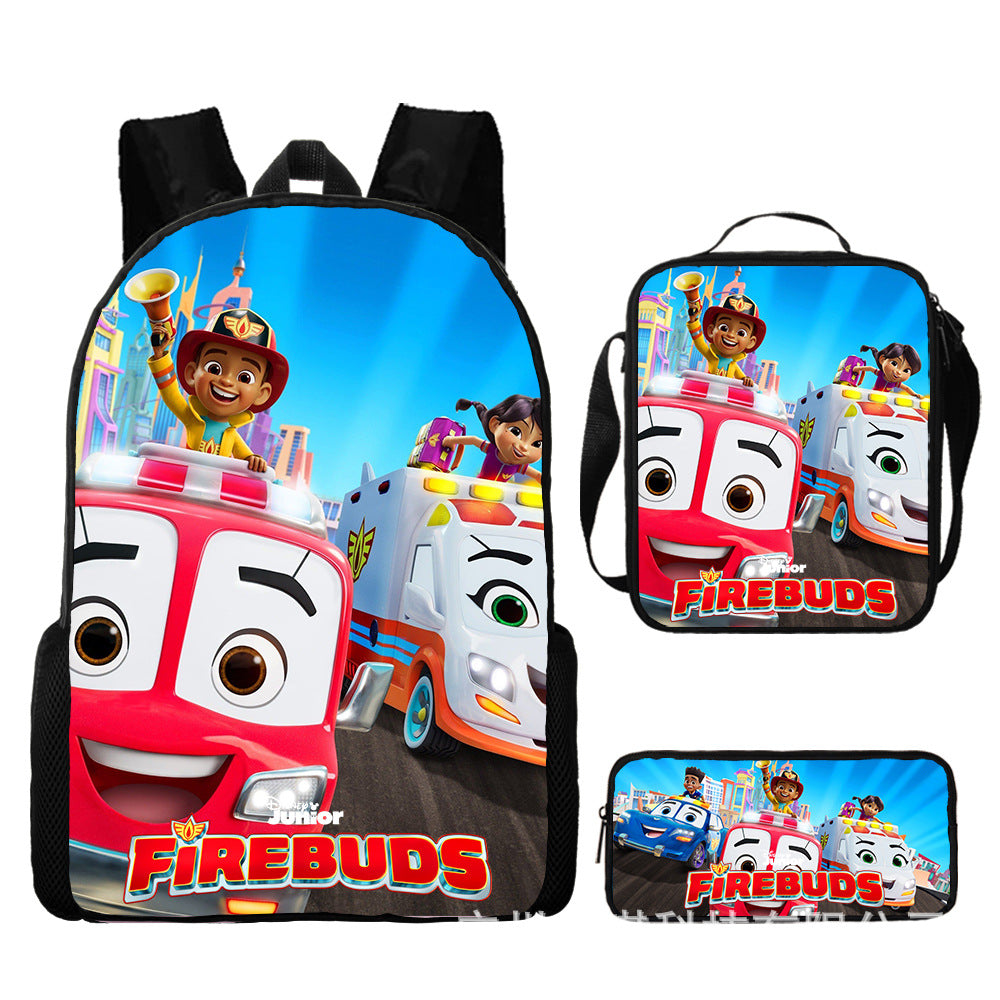 Firebuds Full Printed Backpack Schoolbag Travel Notebook Bag Lunch Bag Pencil Bag for Kids Students 3PCS