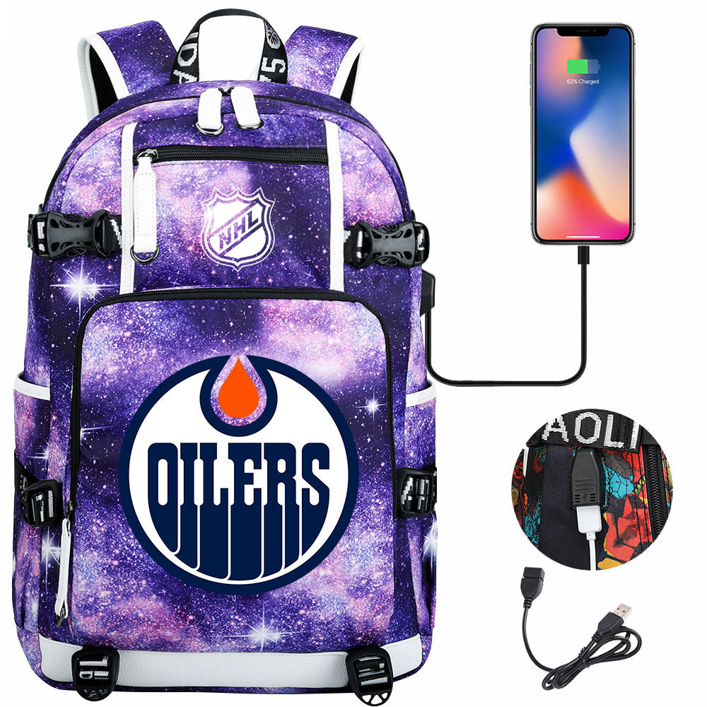 Edmonton Oilers Hockey League USB Charging Backpack School Notebook Travel Bags