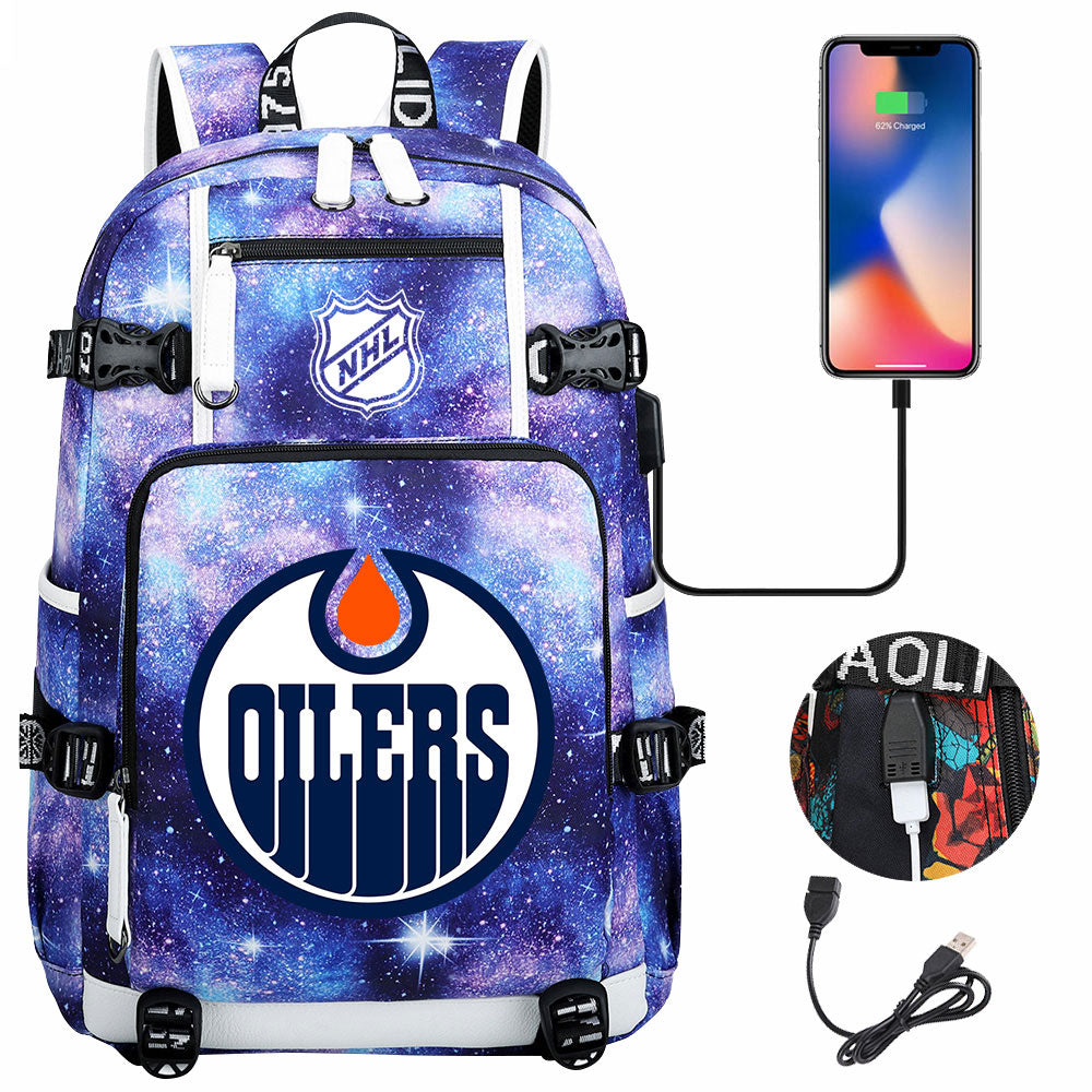 Edmonton Oilers Hockey League USB Charging Backpack School Notebook Travel Bags