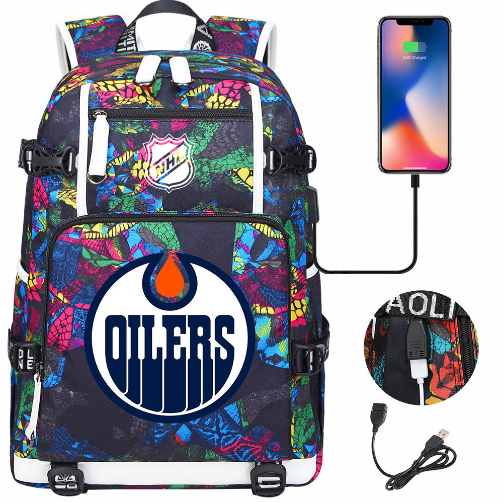 Edmonton Oilers Hockey League USB Charging Backpack School Notebook Travel Bags