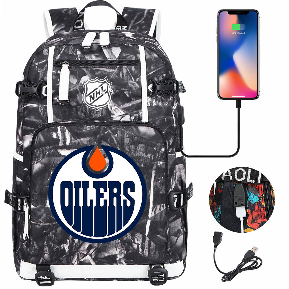 Edmonton Oilers Hockey League USB Charging Backpack School Notebook Travel Bags