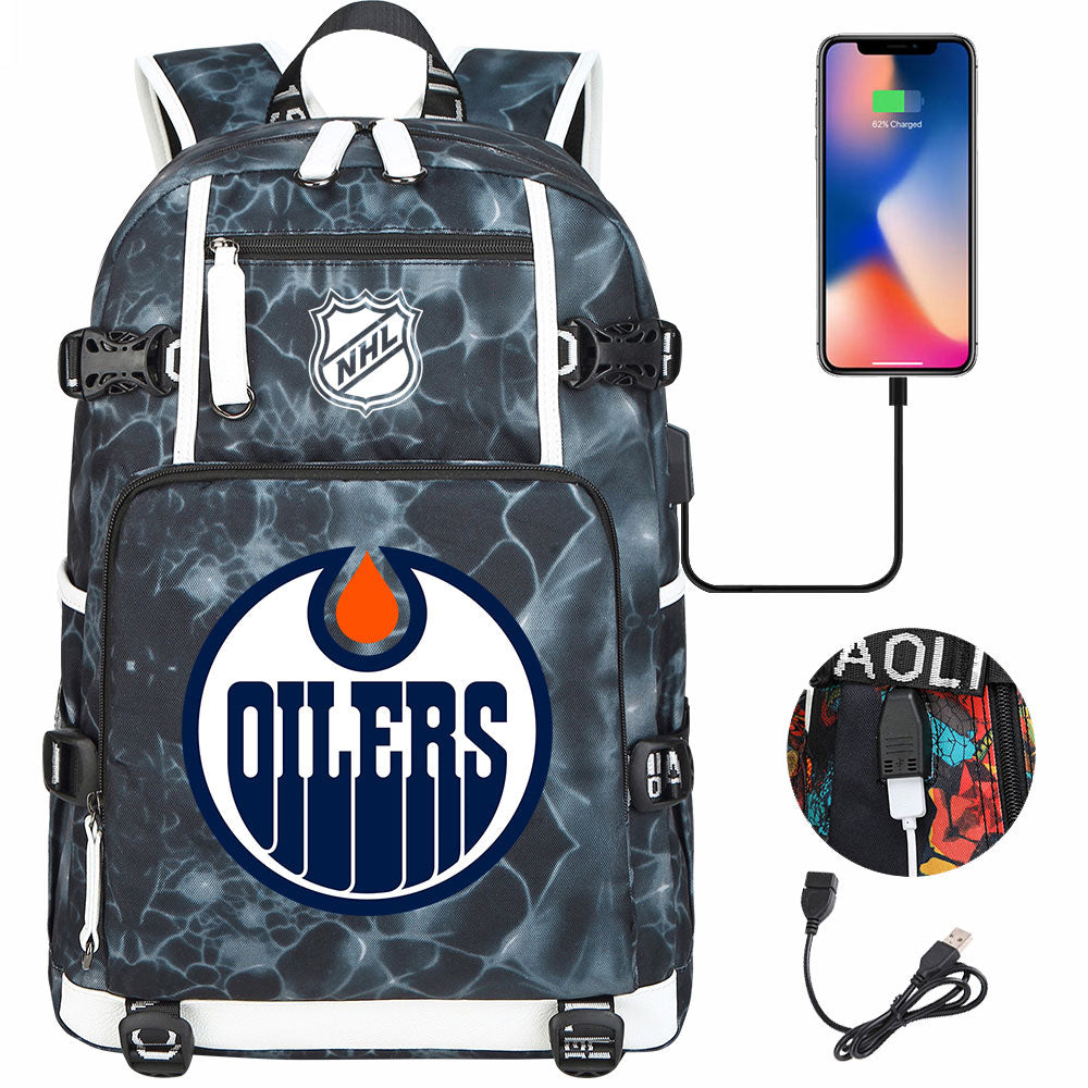 Edmonton Oilers Hockey League USB Charging Backpack School Notebook Travel Bags