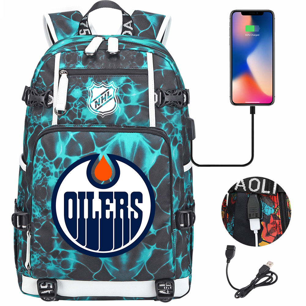 Edmonton Oilers Hockey League USB Charging Backpack School Notebook Travel Bags