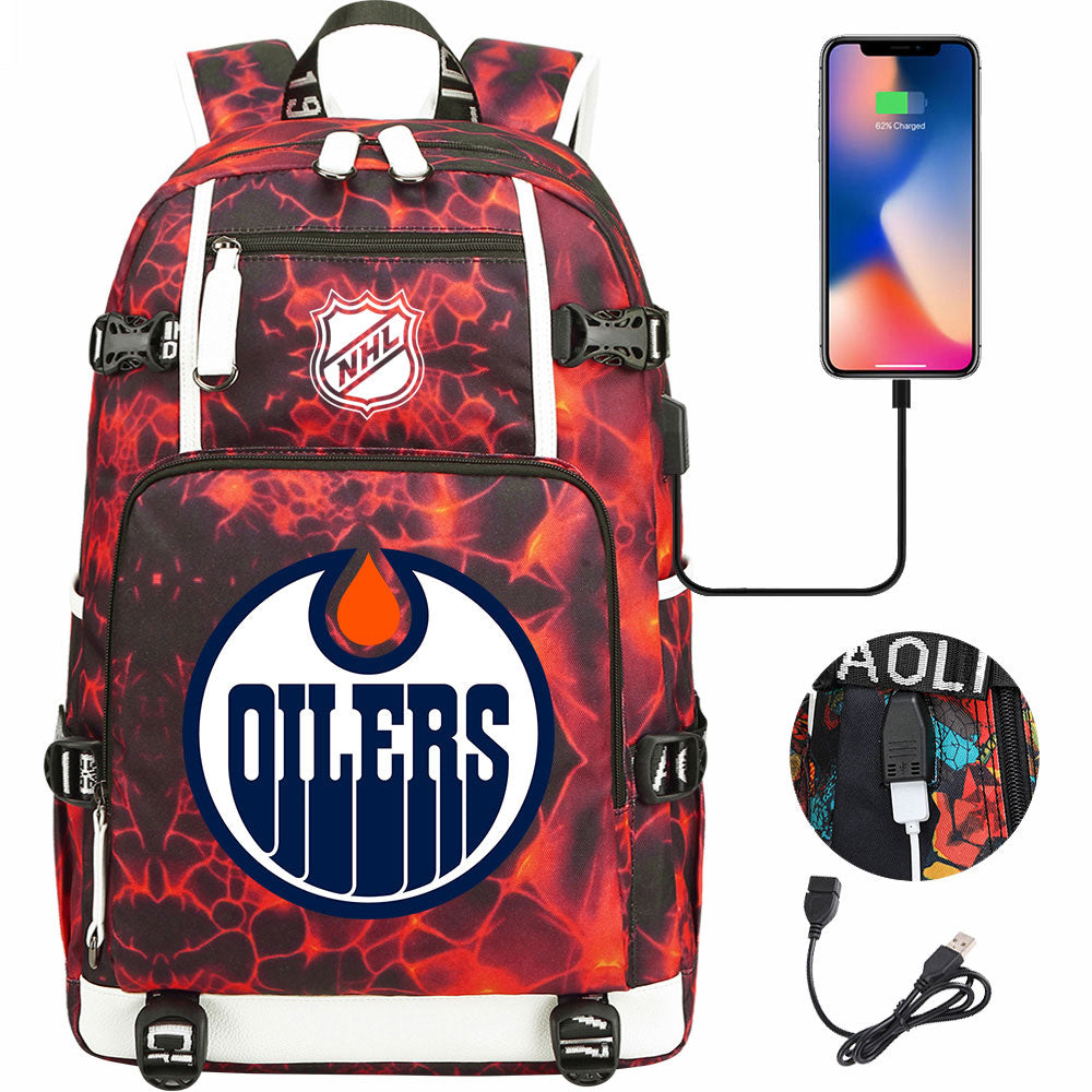 Edmonton Oilers Hockey League USB Charging Backpack School Notebook Travel Bags