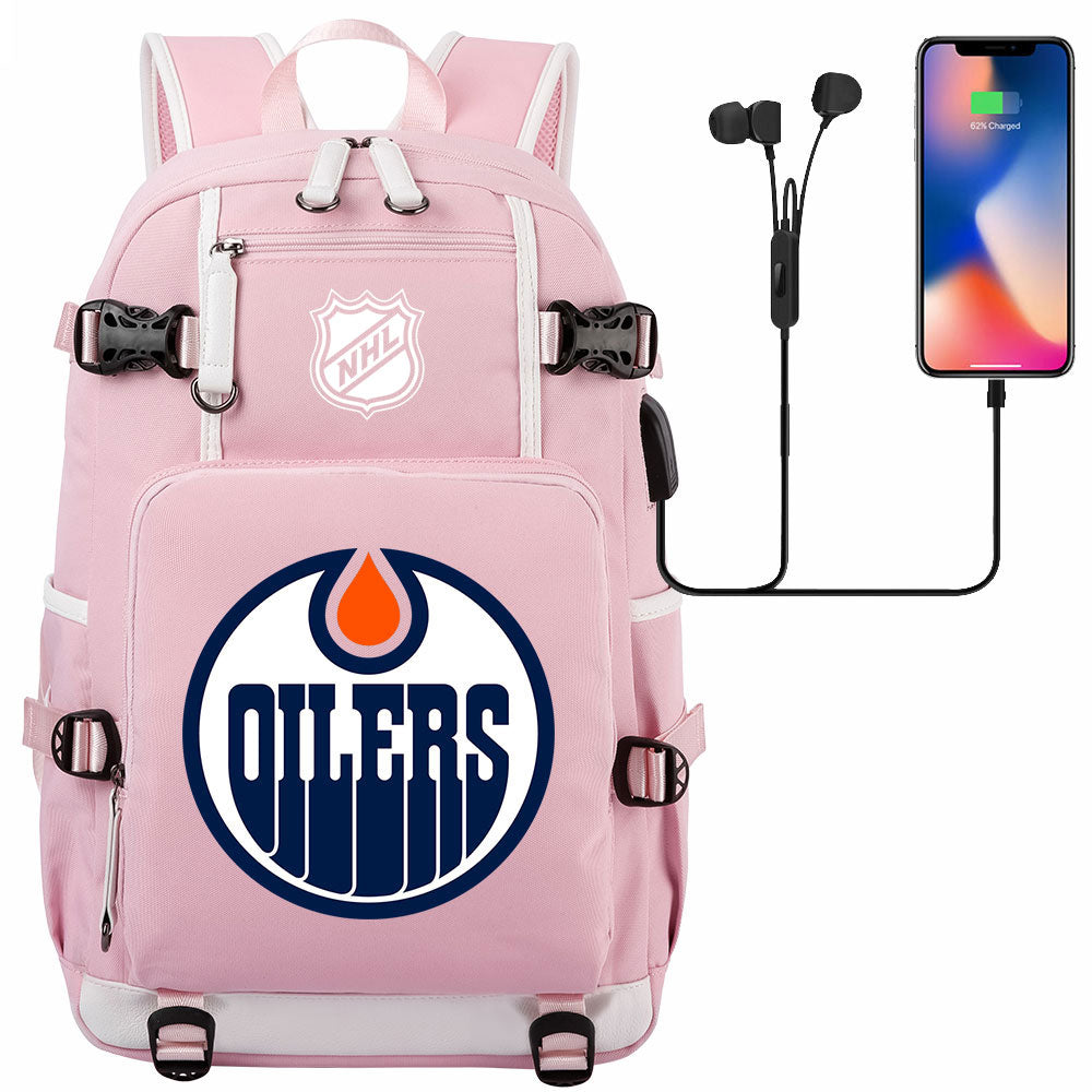 Edmonton Oilers Hockey League USB Charging Backpack School Notebook Travel Bags